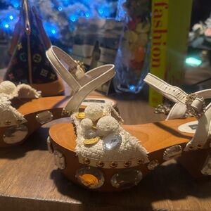 Stylish Dolce Gabbana White Platform Sandals with Gem Accents